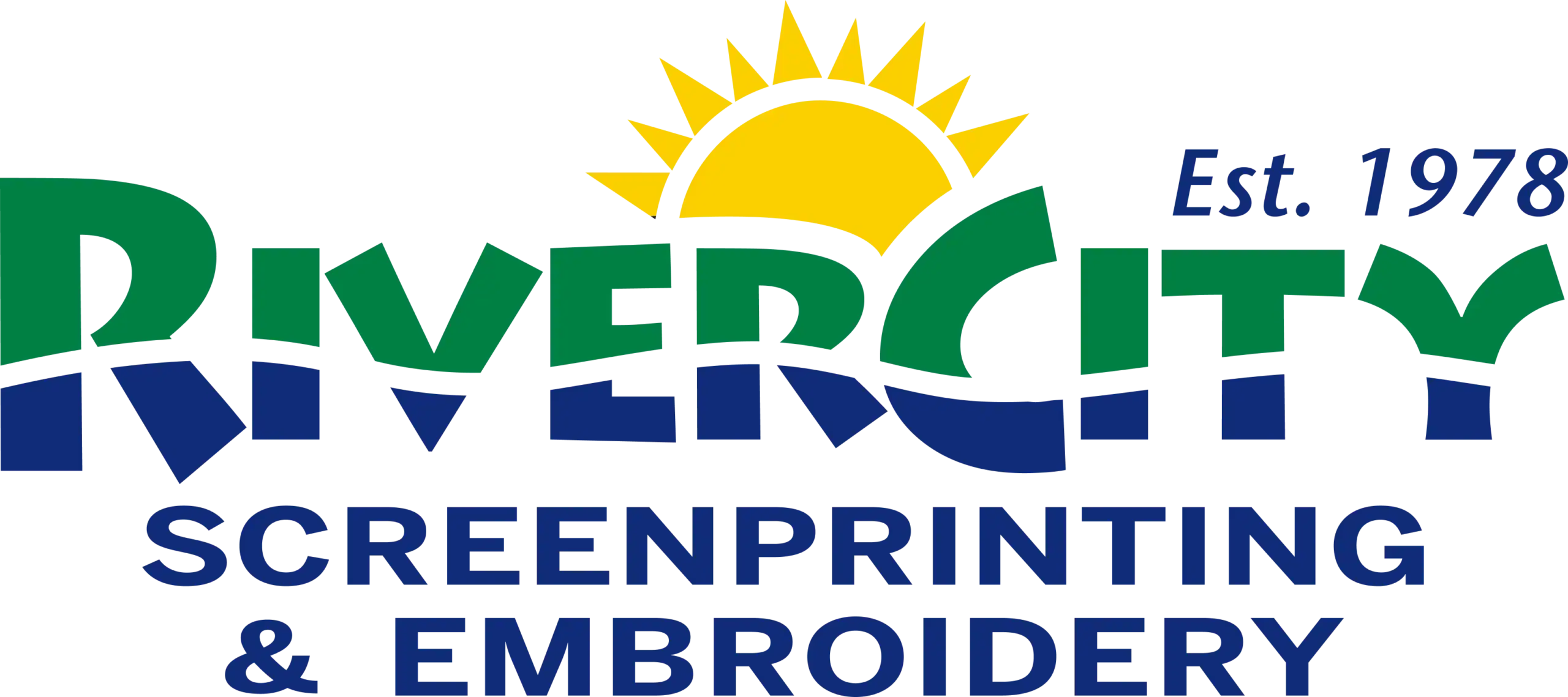 Logo for River City Screenprinting & Embroidery, featuring a stylized sun and the text "River City" in green and blue, with "Screenprinting & Embroidery" displayed below in blue, and "Est. 1978" in small blue text.