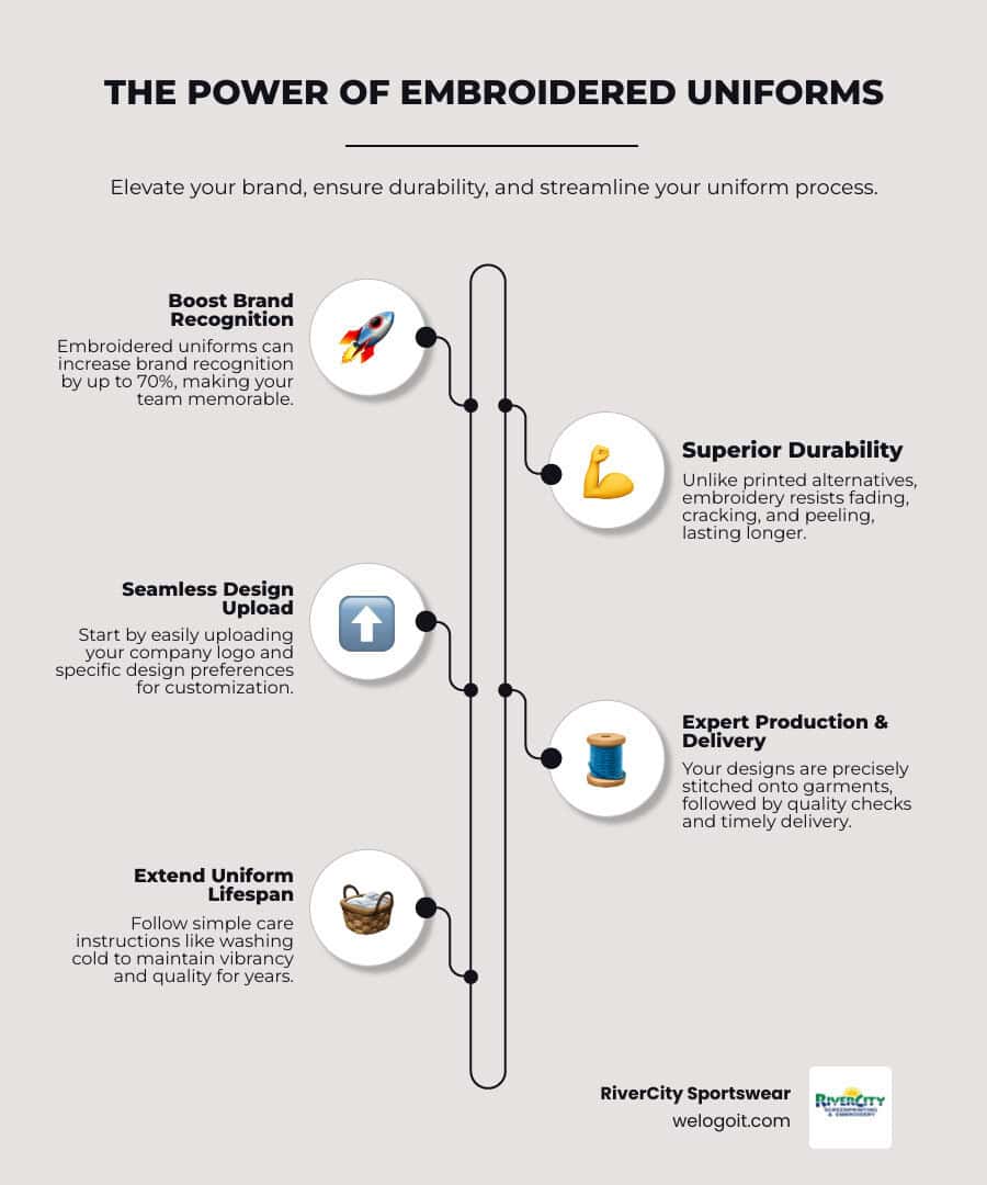 Infographic showing embroidered uniform benefits: 70% brand recognition increase, durability comparison vs printed uniforms, typical order process from logo upload to delivery, cost breakdown Infographic showing embroidered uniform benefits: 70% brand recognition increase, durability comparison vs printed uniforms, typical order process from logo upload to delivery, cost breakdown