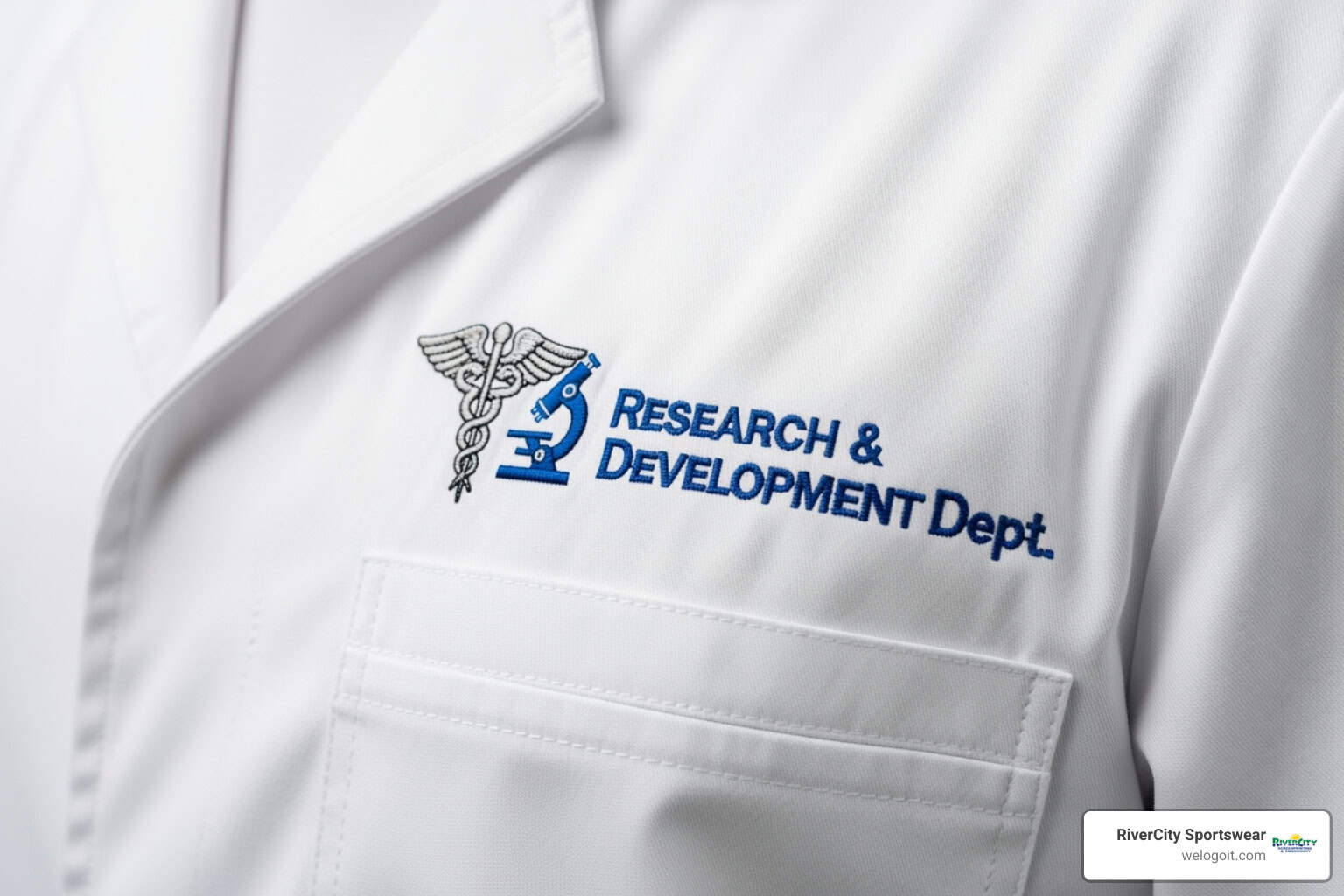 Medical research department embroidered on white lab coat, symbolizing healthcare and scientific advancements.