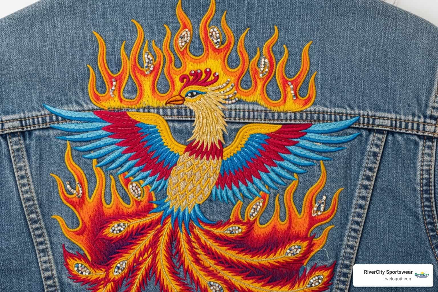 embroidery-for-jackets-image Embroidered phoenix design on denim jacket for sportswear fashion.